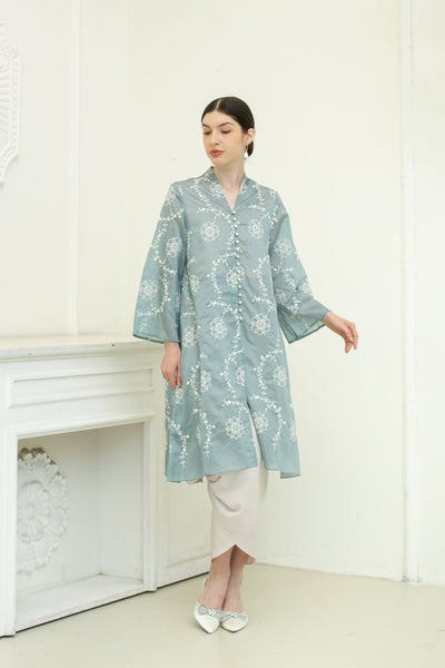 Alaia Long Outer Top in Teal Green Floral