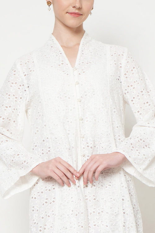 Akari Long Outer Top in White Leaves