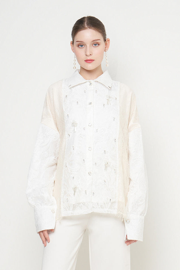 Gayatri Lace Beads Shirt in Cream White