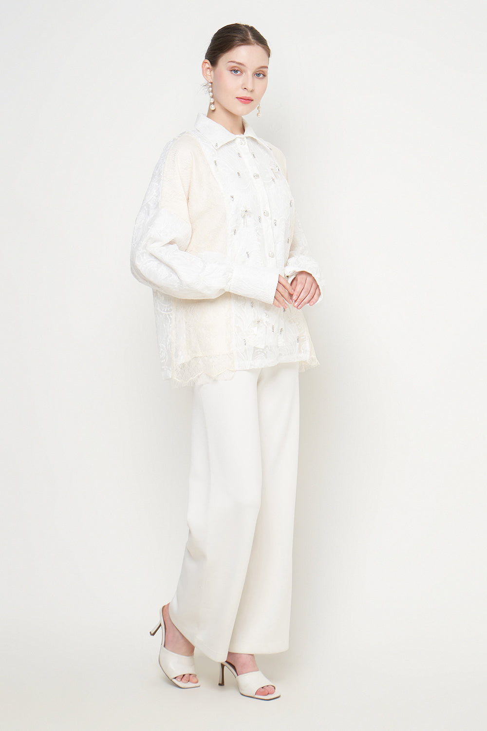 Gayatri Lace Beads Shirt in Cream White