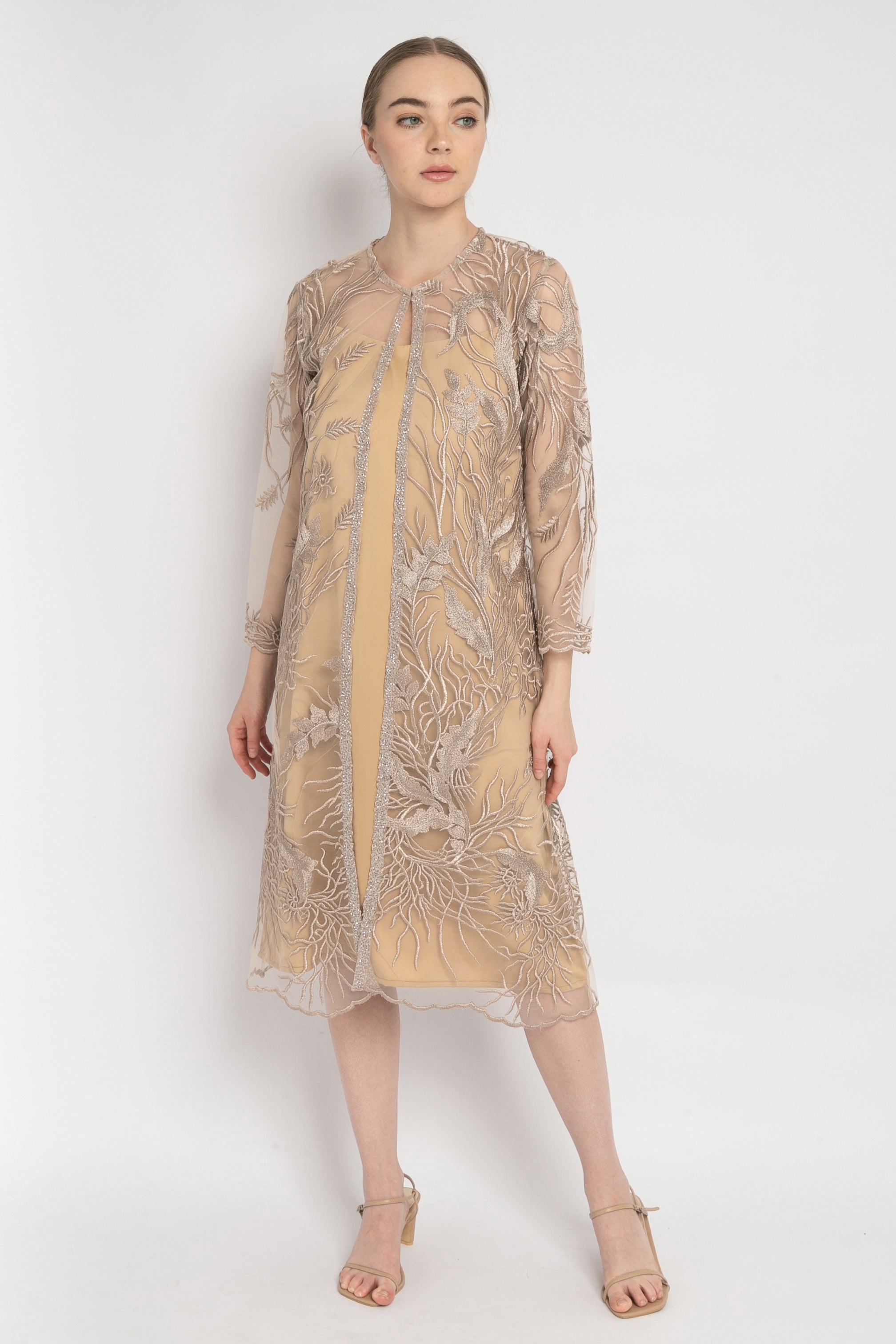 Gelsey Embroidered Outer Dress in Soft Gold