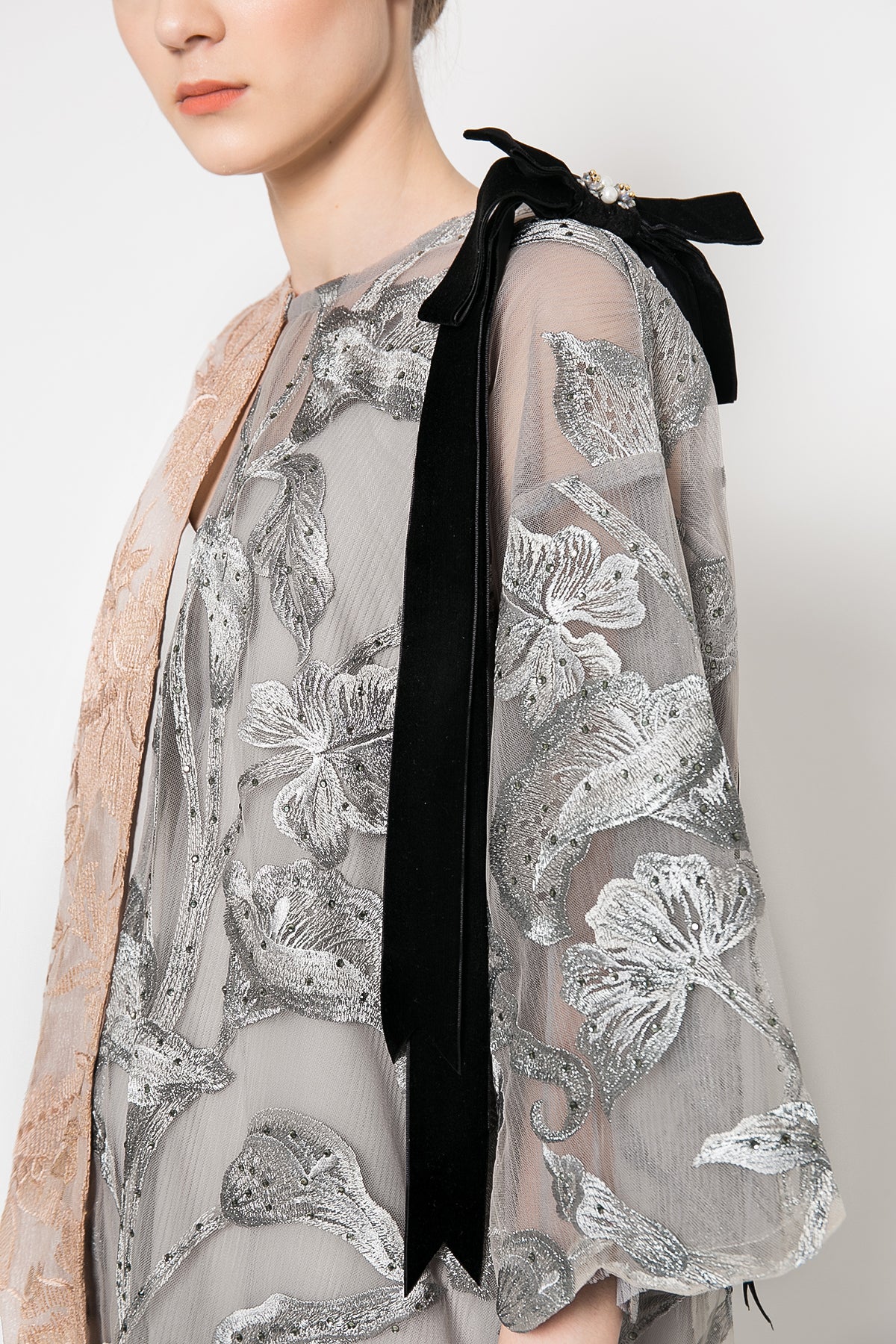Colette Floral Embroidered Outer in Nudist Grey